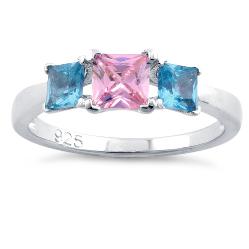 Sterling Silver Triple Square Pink & Blue Topaz CZ Ring