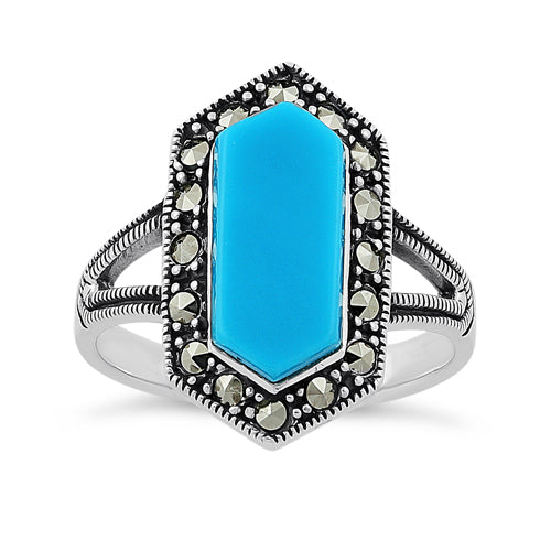 Sterling Silver Turquoise Diamond Shaped Marcasite Ring