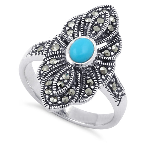 Sterling Silver Simulated Turquoise Eye Marcasite Ring