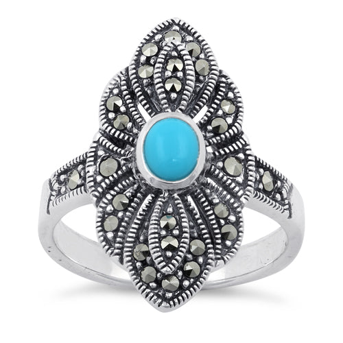 Sterling Silver Simulated Turquoise Eye Marcasite Ring