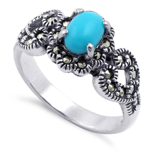 Sterling Silver Oval Simulated Turquoise Flower Hearts Marcasite Ring