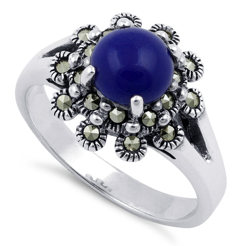 Sterling Silver Blue Lapis Flower Marcasite Ring