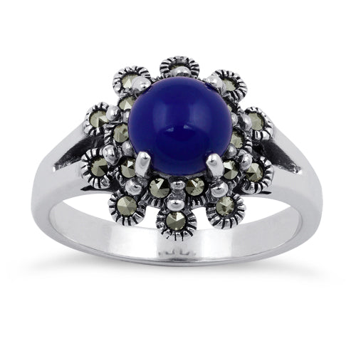 Sterling Silver Blue Lapis Flower Marcasite Ring