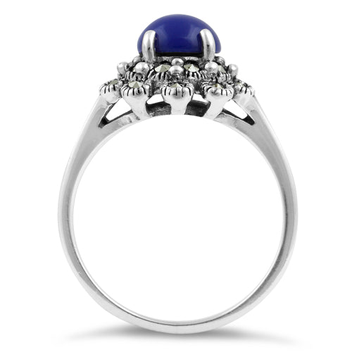 Sterling Silver Blue Lapis Flower Marcasite Ring