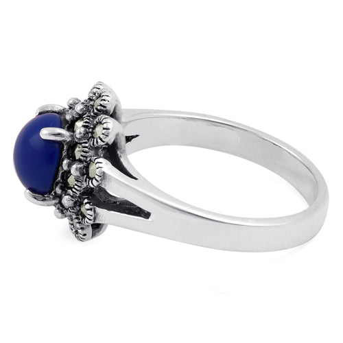 Sterling Silver Blue Lapis Flower Marcasite Ring