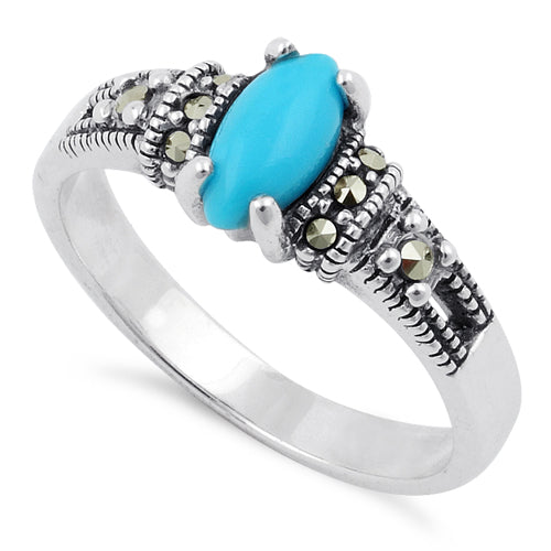 Sterling Silver Simulated Turquoise Marquise Marcasite Ring