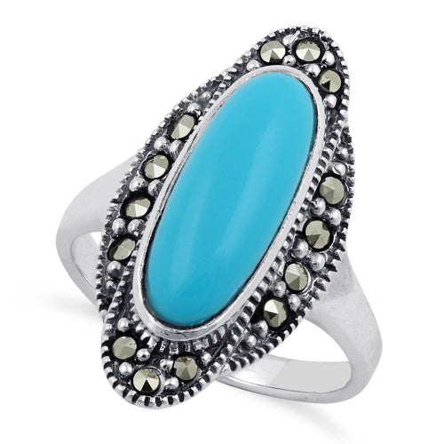 Sterling Silver Simulated Turquoise Oval Marcasite Ring