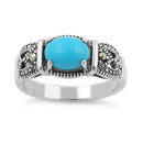 Sterling Silver Simulated Turquoise Oval Marcasite Ring