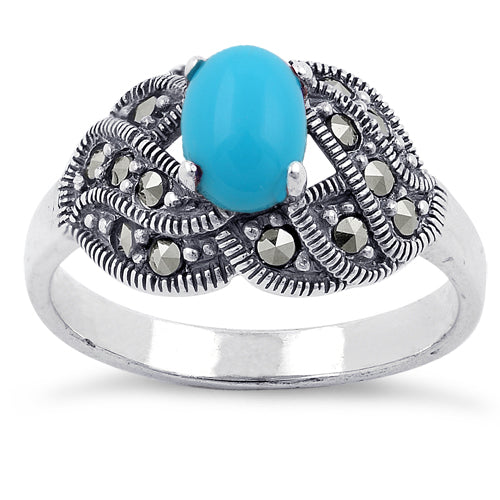 Sterling Silver Simulated Turquoise Oval Marcasite Ring