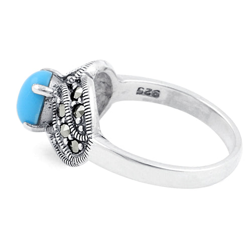 Sterling Silver Simulated Turquoise Oval Marcasite Ring