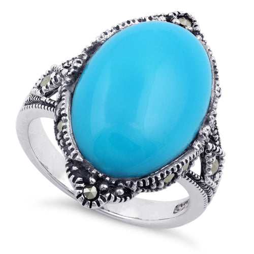 Sterling Silver Simulated Turquoise Oval Marcasite Ring