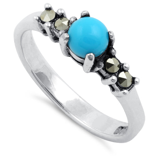 Sterling Silver Simulated Turquoise Round Marcasite Ring