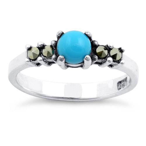Sterling Silver Simulated Turquoise Round Marcasite Ring