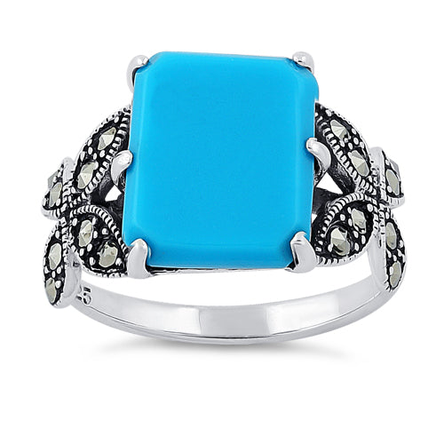 Sterling Silver Simulated Turquoise Square Butterfly Marcasite Ring