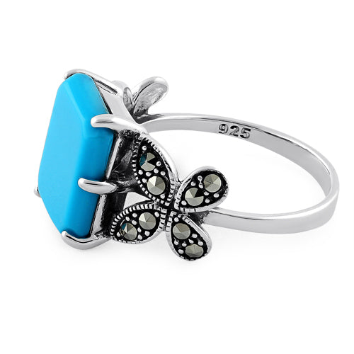 Sterling Silver Simulated Turquoise Square Butterfly Marcasite Ring