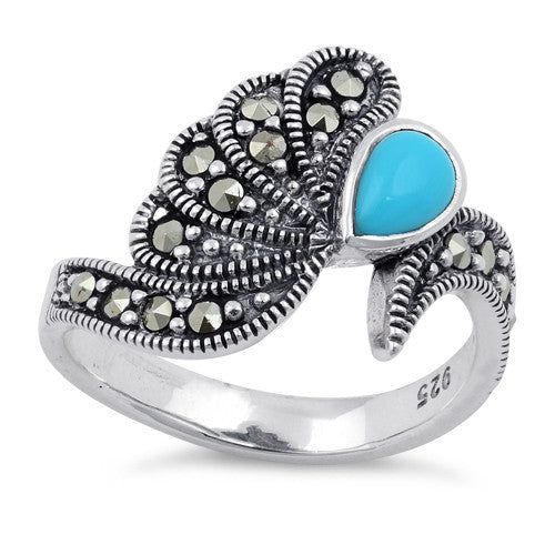 Sterling Silver Simulated Turquoise Water Drop Marcasite Ring