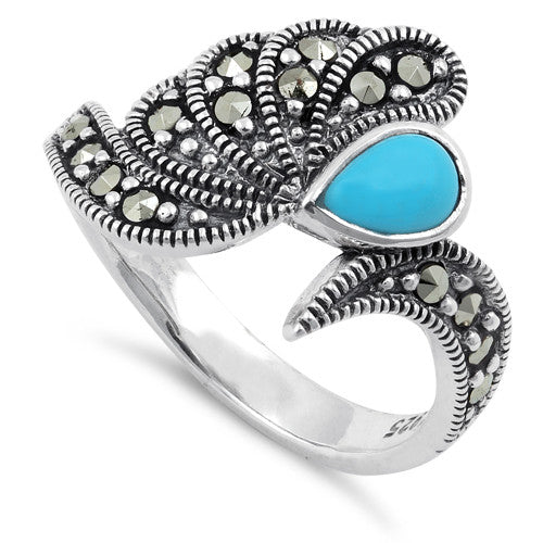 Sterling Silver Simulated Turquoise Water Drop Marcasite Ring