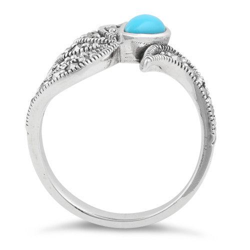 Sterling Silver Simulated Turquoise Water Drop Marcasite Ring