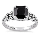Sterling Silver Twin Butterfly Cushion Cut Black CZ Ring