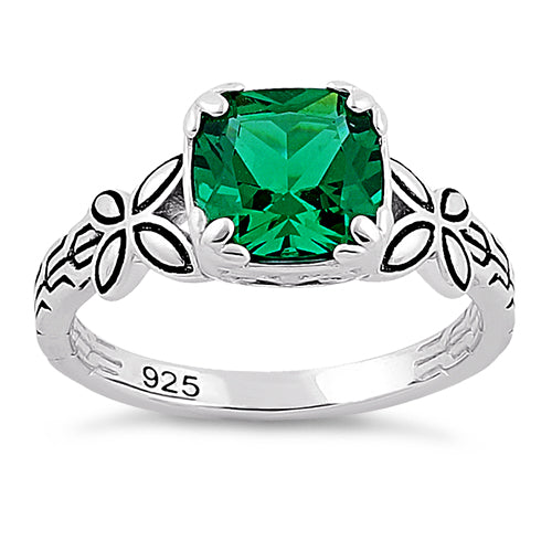 Sterling Silver Twin Butterfly Cushion Cut Green CZ Ring
