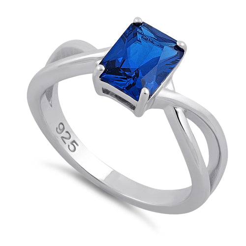 Sterling Silver Twist Emerald Cut Blue Spinel CZ Ring