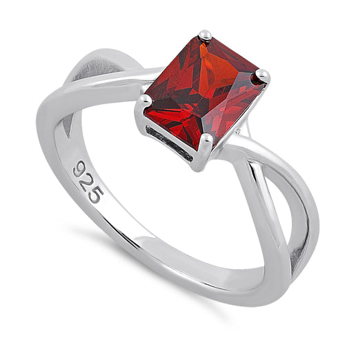 Sterling Silver Twist Emerald Cut Garnet CZ Ring