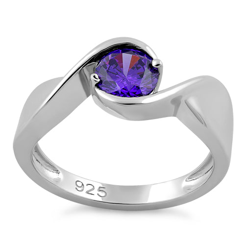 Sterling Silver Twisted Round Amethyst CZ Ring