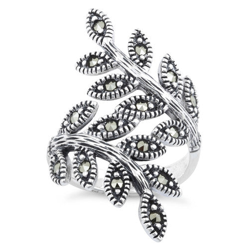 Sterling Silver Two Leaf Marcasite Ring