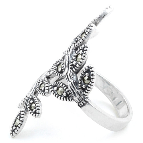 Sterling Silver Two Leaf Marcasite Ring