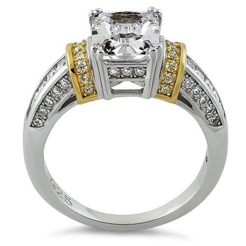 Sterling Silver Two Tone Gold Plated Emerald Cut Yellow & Clear CZ Ring