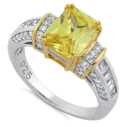 Sterling Silver Two Tone Gold Plated Emerald Cut Yellow CZ Ring