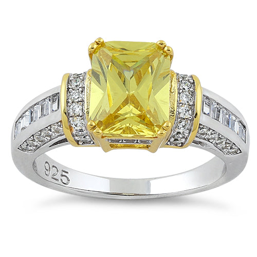 Sterling Silver Two Tone Emerald Cut Yellow CZ Ring