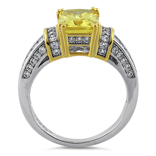 Sterling Silver Two Tone Emerald Cut Yellow CZ Ring