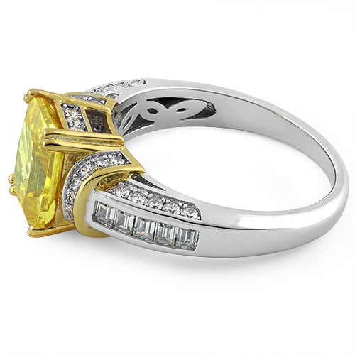 Sterling Silver Two Tone Emerald Cut Yellow CZ Ring