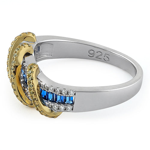 Sterling Silver Two Tone Gold Plated Exotic Twisted Yellow & Blue Spinel CZ Ring