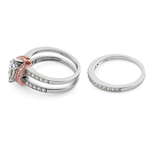 Sterling Silver Two-tone Rose Gold Plated Clear Marquise CZ Set Ring