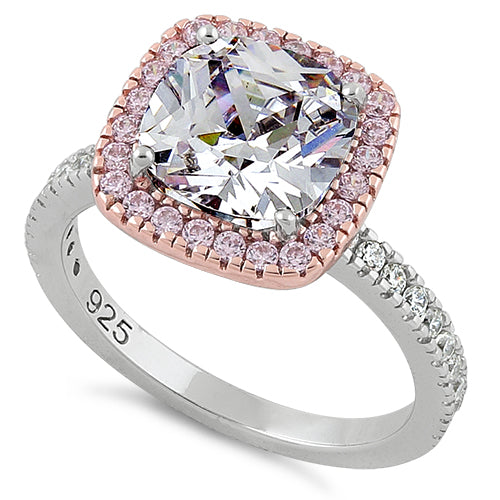 Sterling Silver Two Tone Rose Gold Plated Cushion Cut Clear & Pink CZ Ring