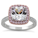Sterling Silver Two Tone Rose Gold Plated Cushion Cut Clear & Pink CZ Ring