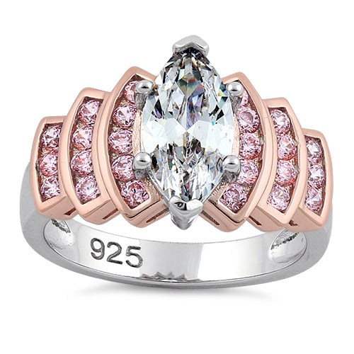 Sterling Silver Two Tone Rose Gold Marquise Engagement Clear & Pink CZ Ring