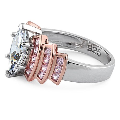 Sterling Silver Two Tone Rose Gold Marquise Engagement Clear & Pink CZ Ring