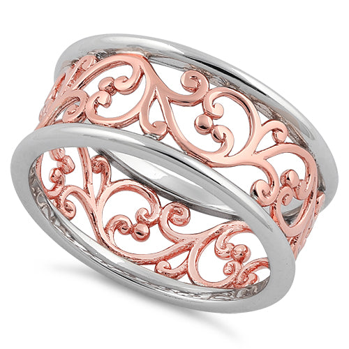 Sterling Silver Two Tone Rose Gold Plated Vines Band Ring