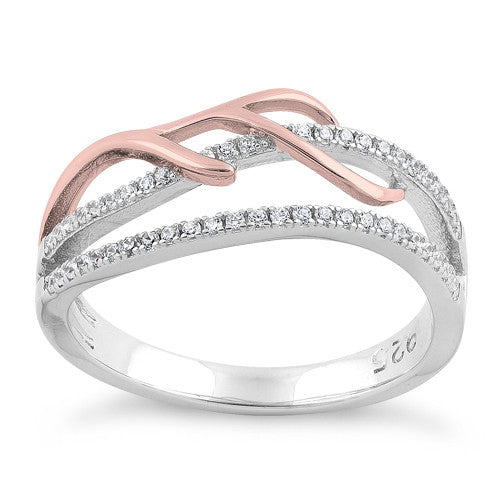 Sterling Silver Two-tone Rose Gold Plated Vines Freeform CZ Ring