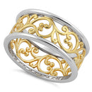 Sterling Silver Two Tone Yellow Gold Plated Vines Band Ring