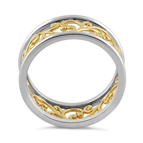 Sterling Silver Two Tone Yellow Gold Plated Vines Band Ring