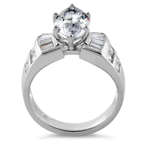 Sterling Silver Unique Marquise Cut Engagement CZ Ring