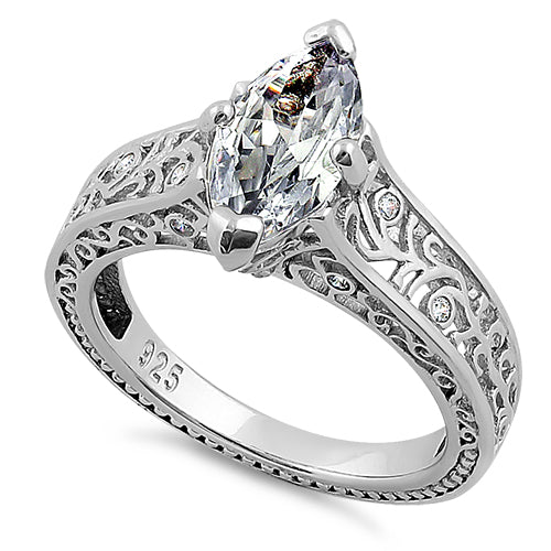 Sterling Silver Vines Filigree Maquise Cut Clear CZ Engagement Ring