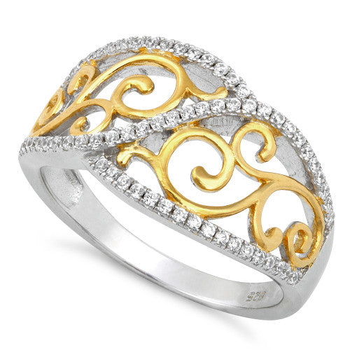 Sterling Silver Vines Two-tone Gold Plated CZ Ring