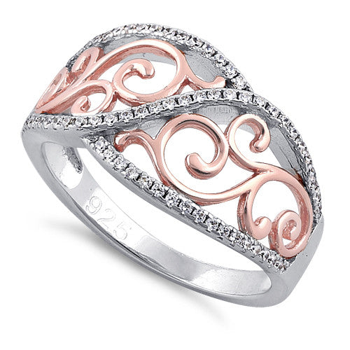 Sterling Silver Vines Two-tone Rose Gold Plated CZ Ring