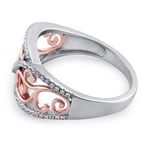 Sterling Silver Vines Two-tone Rose Gold Plated CZ Ring