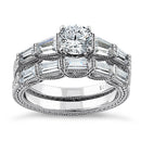 Sterling Silver Vintage Round & Baguette Cut Clear CZ Engagement Ring Set